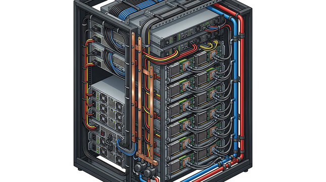 High-density AI server rack power architecture with GPU accelerators, busbars, intelligent power distribution and liquid cooling, illustrating extreme rack density in modern data center infrastructure