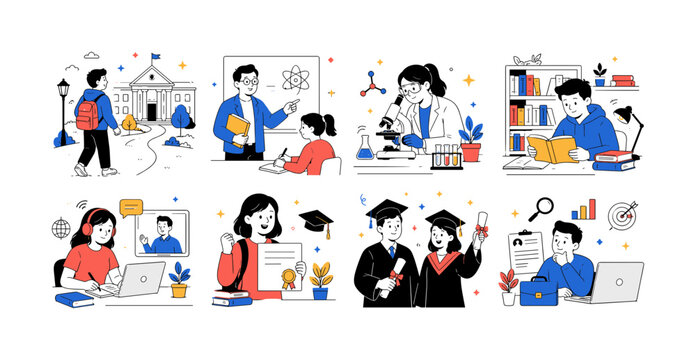 University Academic Path, clean editorial illustration set of exactly 8 separate small editorial scenes arranged in a 4x2 layout: student entering university, professor giving a lecture, laboratory