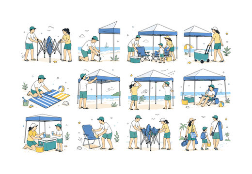 Pop Up Canopy Beach Day. Portable beach shade, family vacation comfort, cooler storage and seaside leisure. 12 minimalist editorial vector scenes: two adults unfold a canopy frame, a person anchors