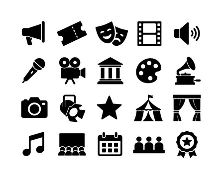 Entertainment Media Collection solid glyph icon set, 20 fully filled black glyph icons featuring megaphone, admission ticket, drama masks, filmstrip, loudspeaker, microphone, movie camera, museum