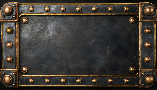 Steampunk metal frame border with rivets and gold trim. Dark textured center background for copy space. Industrial design element, retro background for text.