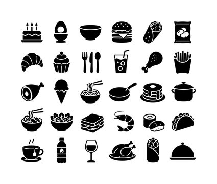 Food Drink Essentials &mdash; solid glyph icon set with exactly 30 fully filled black symbols arranged in a 6x5 grid: birthday cake, boiled egg, bowl, burger, burrito, potato chips, croissant, cupcake,