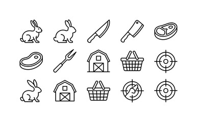 Fototapeta premium Vintage Rabbit Butchery, line icon set featuring hare profile, rabbit silhouette, butcher knife, meat cleaver, steak cut, barbecue fork, farm barn, market basket, butcher badge frame, hunting target,