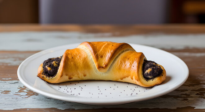 Slovak bread filled with ground walnuts or bratislavsky rozok. On white plate served above a rustic table. Slavic pastry and European food menu catalog assets