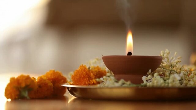 Brass Oil Lamp Glowing Brightly Surrounded by Marigold Petals for Mahalaya Amavasya Rituals