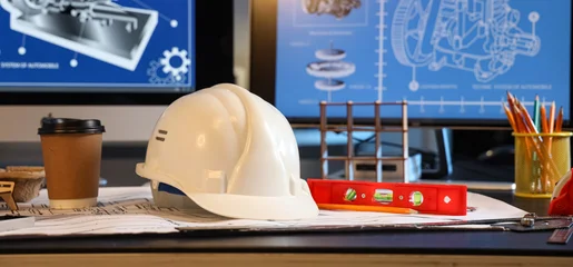 White hard hat and blueprints on an engineer's desk with computer screens displaying technical drawings and design plans © Pixel-Shot