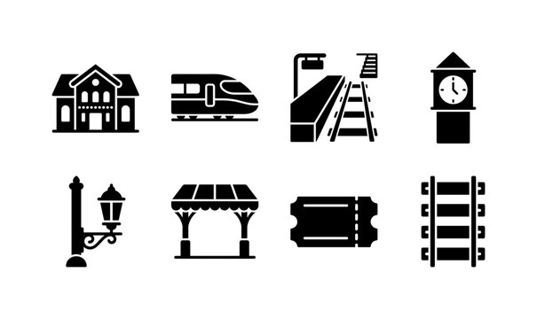 Historic Railway Station, solid glyph icon set featuring retro station building, high-speed train, platform, clock tower, lamp, canopy, ticket and rail track, covering public transport, historic
