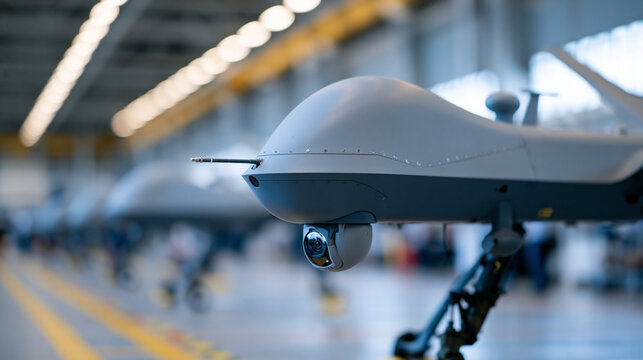 a detailed shot of a gray military unmanned aerial vehicle, or drone, in a clean, industrial assembly facility. the focus is sharp on the nose of the foreground drone, rivets, a fo