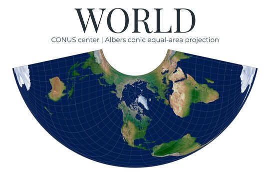 World Map. Albers conic equal-area projection. High detail physical Earth representation. CONUS center at latitude 37, longitude -96. Mid-latitude statistical thematic mapping.
