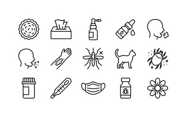 Fototapeta premium Allergy Reaction Symptoms, line icon set featuring pollen grain, tissue box, nasal spray, eye drop bottle, cough symbol, sneeze symbol, skin rash patch, insect bite symbol, cat allergen, dust