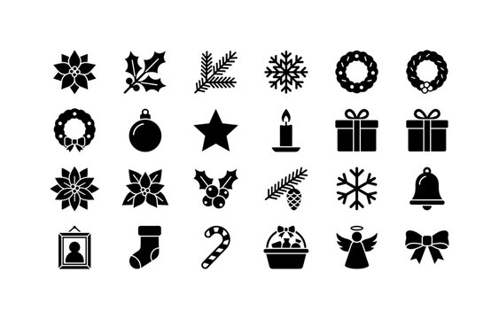 Poinsettia Holiday Collection, solid glyph icon set featuring poinsettia bloom, holly branch, fir sprig, snowflake, wreath, ornament, star, candle, gift box, poster frame, covering Christmas and New