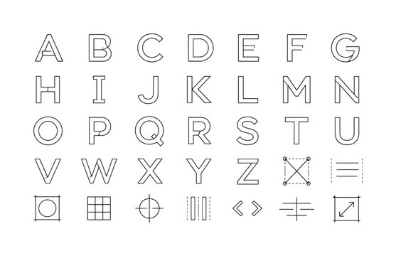 Minimal Corporate Typeface, line icon set, create 26 clean outline glyph-inspired uppercase sans serif letterform symbols, geometric corporate typography components, editorial display characters,