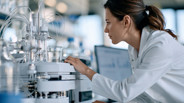 Photorealistic modern fragrance R&D lab scene with a gas chromatography machine analyzing a scent sample, a scientist in a white coat reviewing data on a monitor, clean bright ster