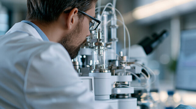 Photorealistic modern fragrance R&D lab scene with a gas chromatography machine analyzing a scent sample, a scientist in a white coat reviewing data on a monitor, clean bright ster