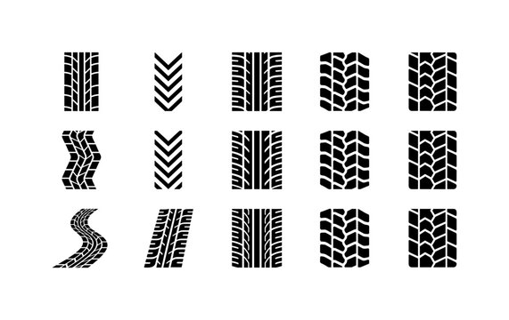 Tire Track Marks, solid glyph icon set featuring straight tread mark, curved skid trail, off-road tire imprint, racing tire stripe, zigzag wheel track, mud-track silhouette, heavy vehicle tread,