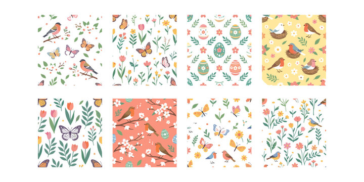Spring Seamless Pattern Collection with Birds, Butterflies, Flowers and Easter Eggs Vector