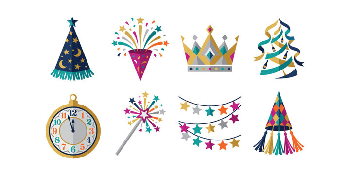 Festive Celebration Icons with Party Hats, Fireworks, Crown, Tree and Decorative Elements Vector