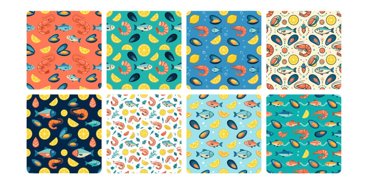 Colorful Seafood Pattern Collection with Fish, Shrimp, Mussels, and Lemon Slices