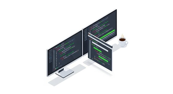 Coding development programmer work on multiple screens with laptop and coffee a focused digital workspace