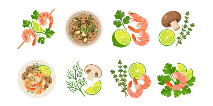 Fresh Shrimp, Mushrooms, Herbs, and Lime Vector Food Ingredients Set