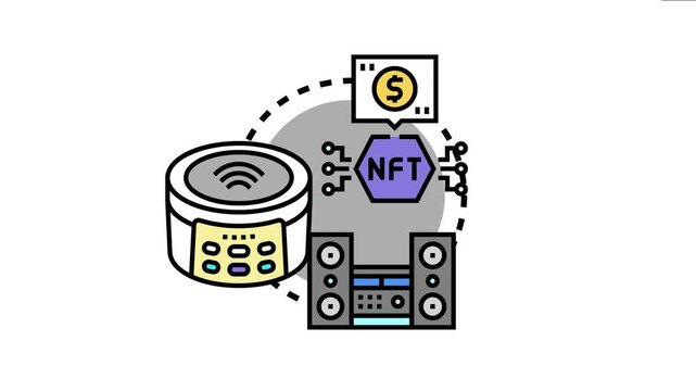 Nft artworks concept audio content tokenization and digital ownership for the sound industry, connecting smart devices and stereo systems with decentralized finance