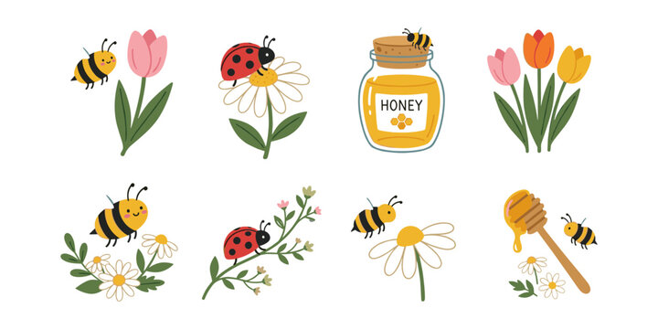 Cute Bees, Ladybugs, Flowers, and Honey Jar Vector Set for Spring and Nature Designs