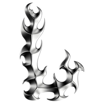 Chrome 3D font letter L. Metallic neo-tribal display typeface. Isolated PNG