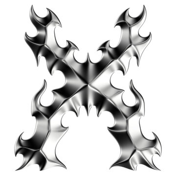 Chrome 3D font letter X. Metallic neo-tribal display typeface. Isolated PNG