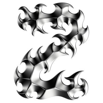 Chrome 3D font letter Z. Metallic neo-tribal display typeface. Isolated PNG