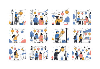 Fototapeta premium Summer Street Lanterns. Festival nights, city travel, local culture, decorative lighting and evening public spaces. 12 minimalist editorial vector scenes: a worker hangs a street lantern, two