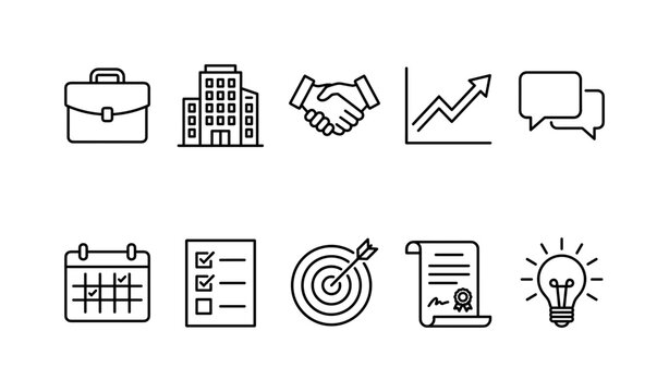 Corporate Business Concepts, line icon set featuring briefcase, office building, handshake, chart, speech bubble, calendar, checklist, target, contract, light bulb, covering company strategy,
