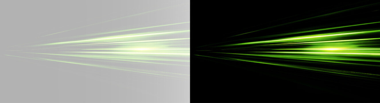 Bright green light trails with fast speed lines, glowing laser streaks, luminous energy beams, dynamic motion rays and futuristic effect PNG