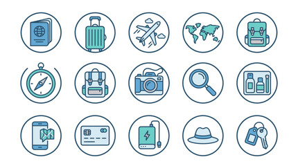 Fototapeta premium Set of 15 Travel and Tourism Line Icons Featuring Passport Suitcase Airplane and Vacation Gear