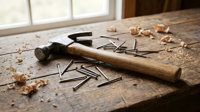 Steel hammer and metal nails on rustic wooden workbench for construction projects.