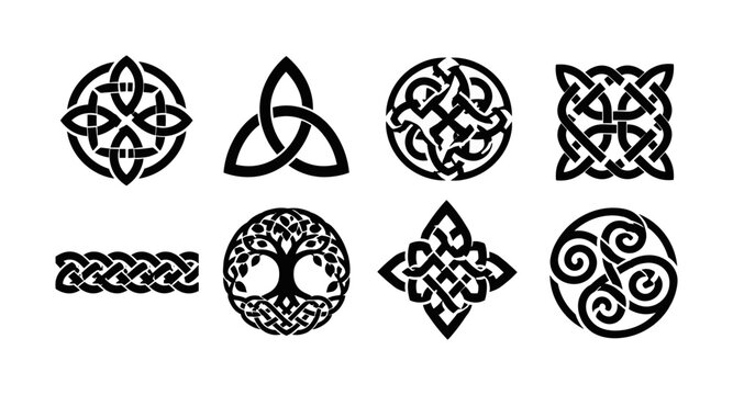 Celtic Knotwork Ornament, solid glyph icon set, 8 fully filled black glyph icons featuring symmetrical Celtic interlace knots, circular knot medallions, triangular knot motifs, braided borders,