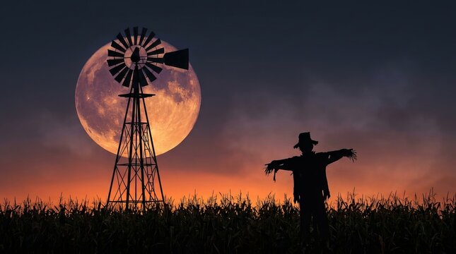 Silhouette of a scary scarecrow standing in a cornfield next to a rustic metal windmill under a glowing full moon during a dark autumnal evening for Halloween decoration.