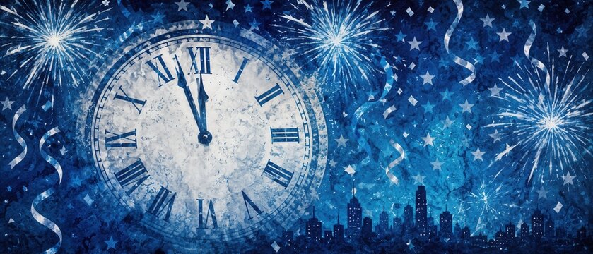 vintage clock striking midnight with blue fireworks, stars, confetti and dark city skyline in watercolor style