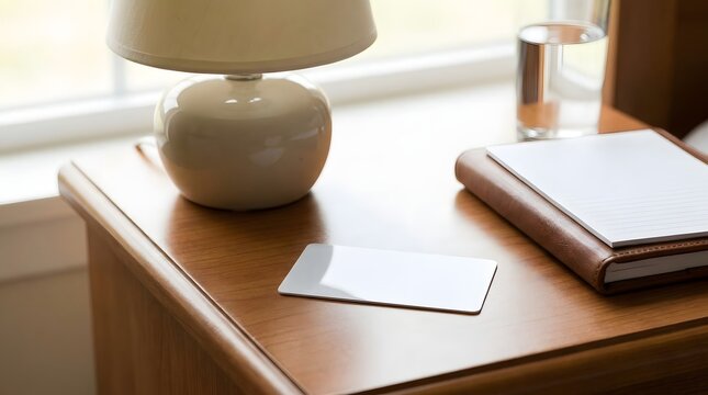 Blank white card placed on wooden nightstand next to a lamp and book for room service or hotel access.