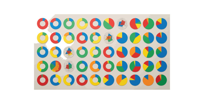 Colorful pie charts and graphs on a paper sheet representing data analysis and statistics.