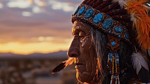 Elderly Native American man wearing traditional headdress with turquoise at sunset in the desert, profile view