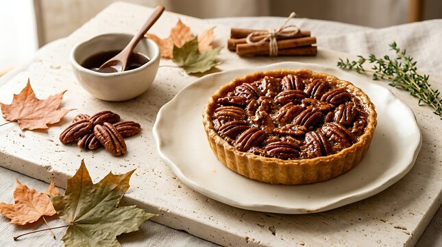 Freshly baked maple pecan tart on a rustic plate with autumn leaves and cinnamon sticks