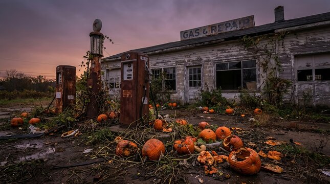 Abandoned vintage gas station with rusted pumps and rotting orange pumpkins scattered across decayed concrete during moody autumn sunset creates spooky halloween rural landscape.