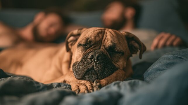 Low‑angle detailed shot of sleeping tan dog with black muzzle and wrinkled skin, paw tucked under chin, out‑of‑focus sleeping man on muted blue bed sheets background	
