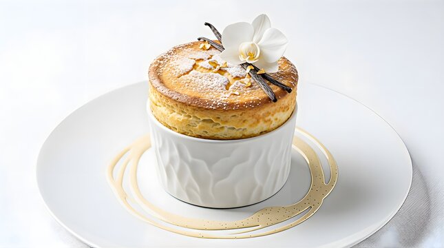 A delicious vanilla souffle served in a ceramic ramekin on a white plate.