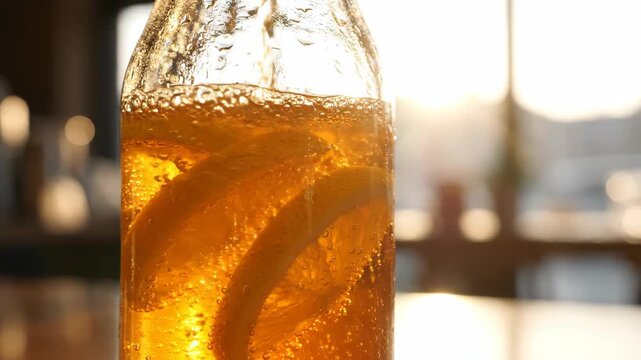 Refreshing carbonated orange beverage being poured into a glass bottle. Sunlight glimmers through bubbles and fresh citrus slices, perfect for summer refreshment and healthy lifestyle visuals.