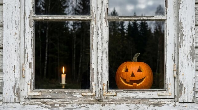 Jack o lantern pumpkin sitting inside old white window frame with burning candle glowing softly against dark forest background ideal for festive halloween mood decoration.
