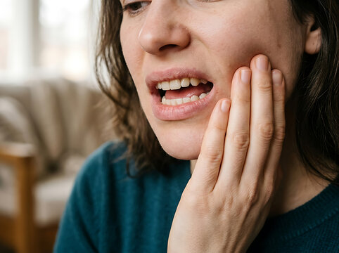 Close view of woman grimacing and clutching her cheek due to acute toothache or sensitive teeth.