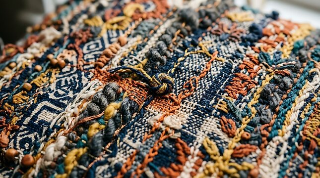 Close-up of vibrant woven fabric with intricate patterns and textures.
