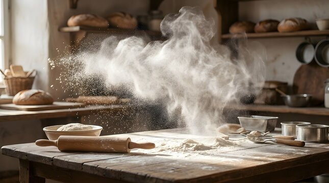 Flour cloud explosion over wooden bakery table with rolling pin.