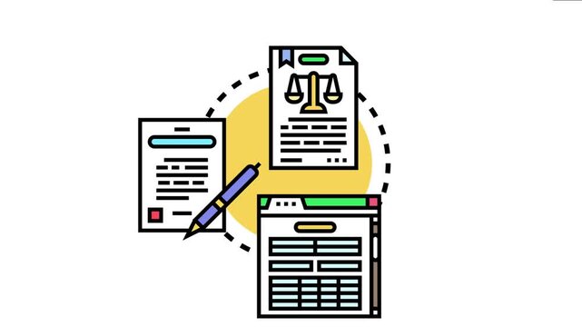 Documents various stages of legal process, including contract signing, data analysis, and legal validation, symbolizing official authenticity and compliance